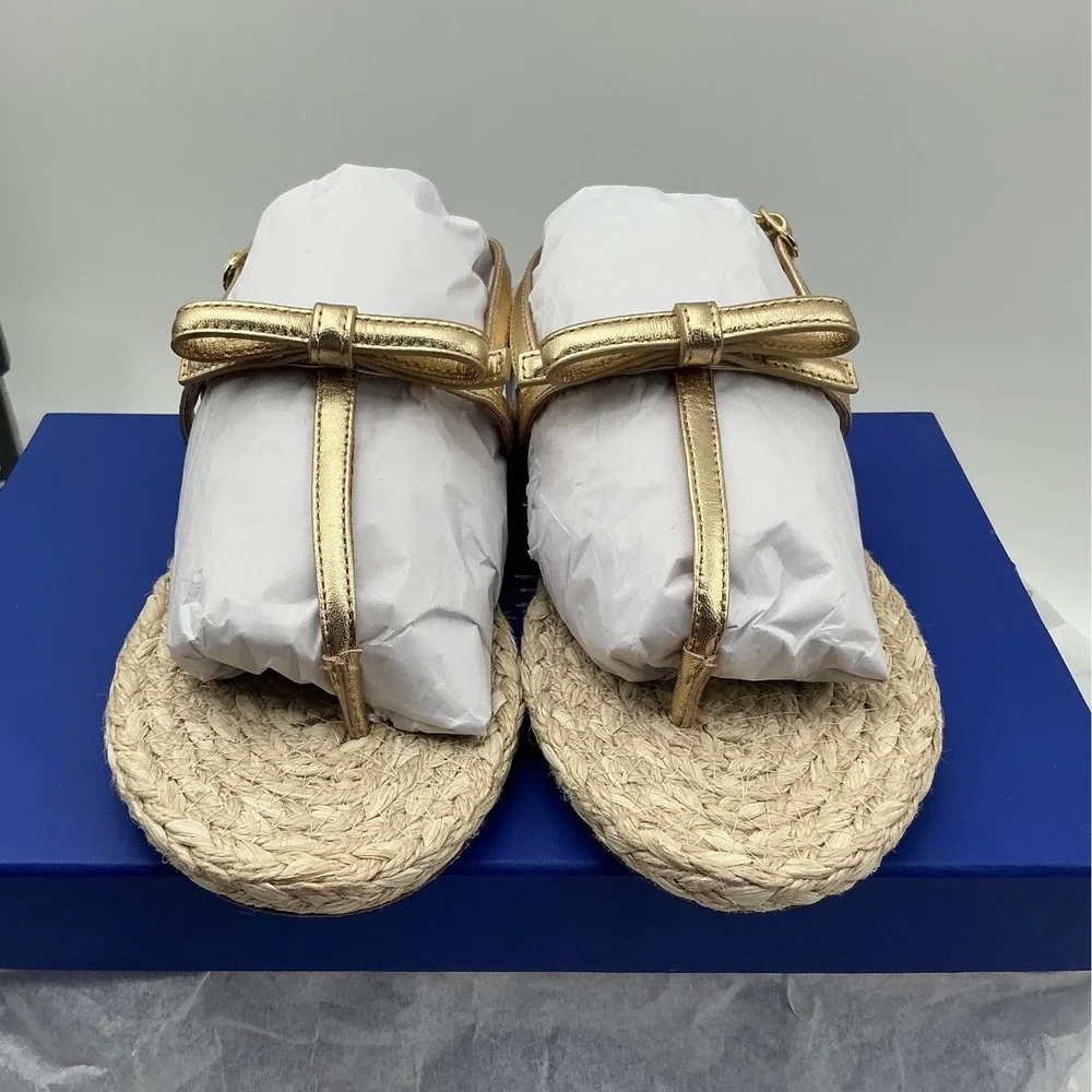 Stuart Weitzman Felicity Gold Metallic Leather Bow Espadrille‎ Sandals size 6